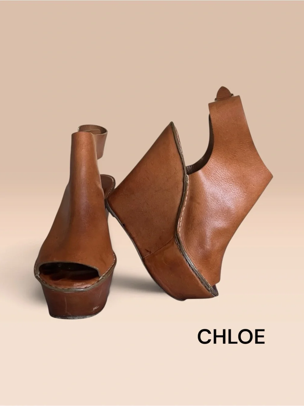 Chloe Tan Leather Platform Wedge Sandals 6.5